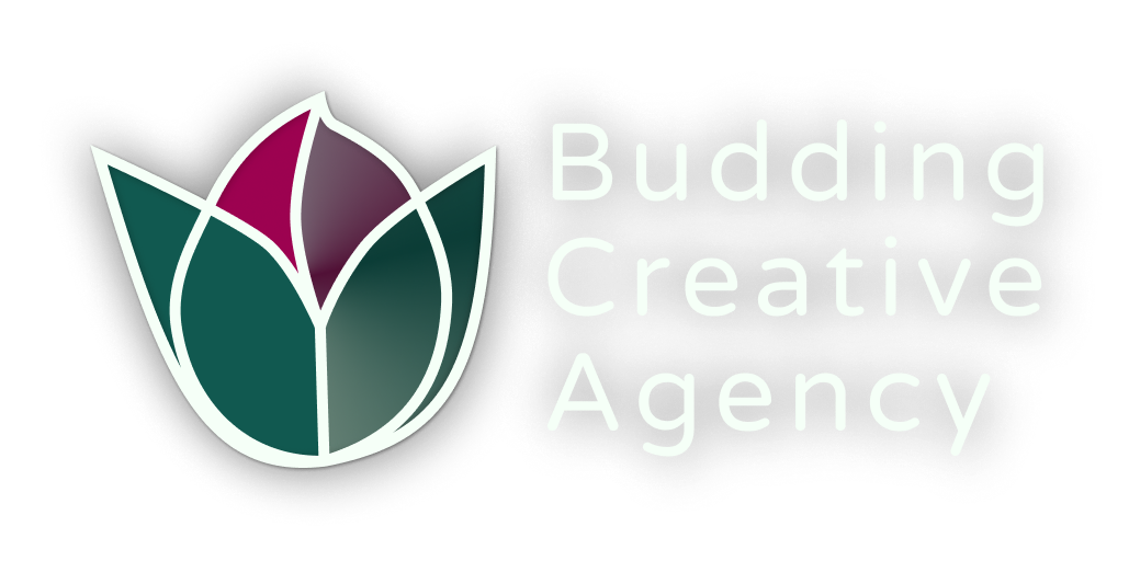 A logo representing a stylised flower in deep green and bright pink Budding Creative Agency