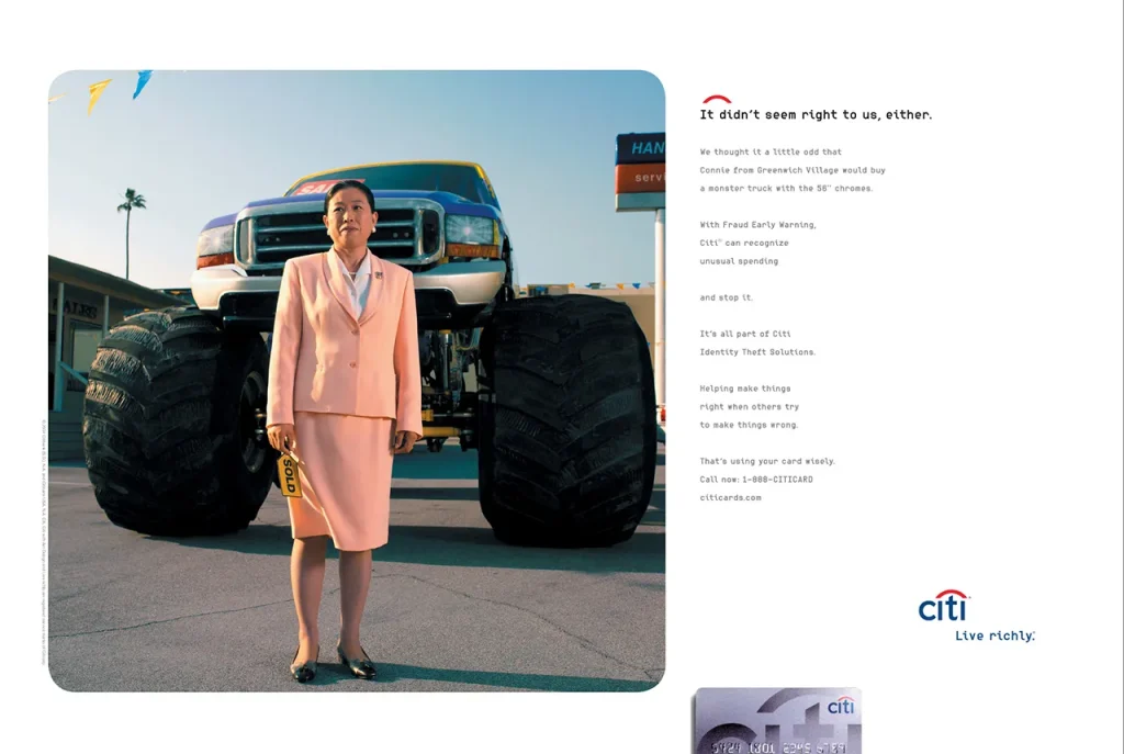 citibank identity theft monster truck print advertising agency client relationships